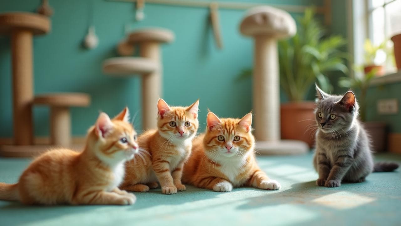 Happy cats playing together in our secure daycare area