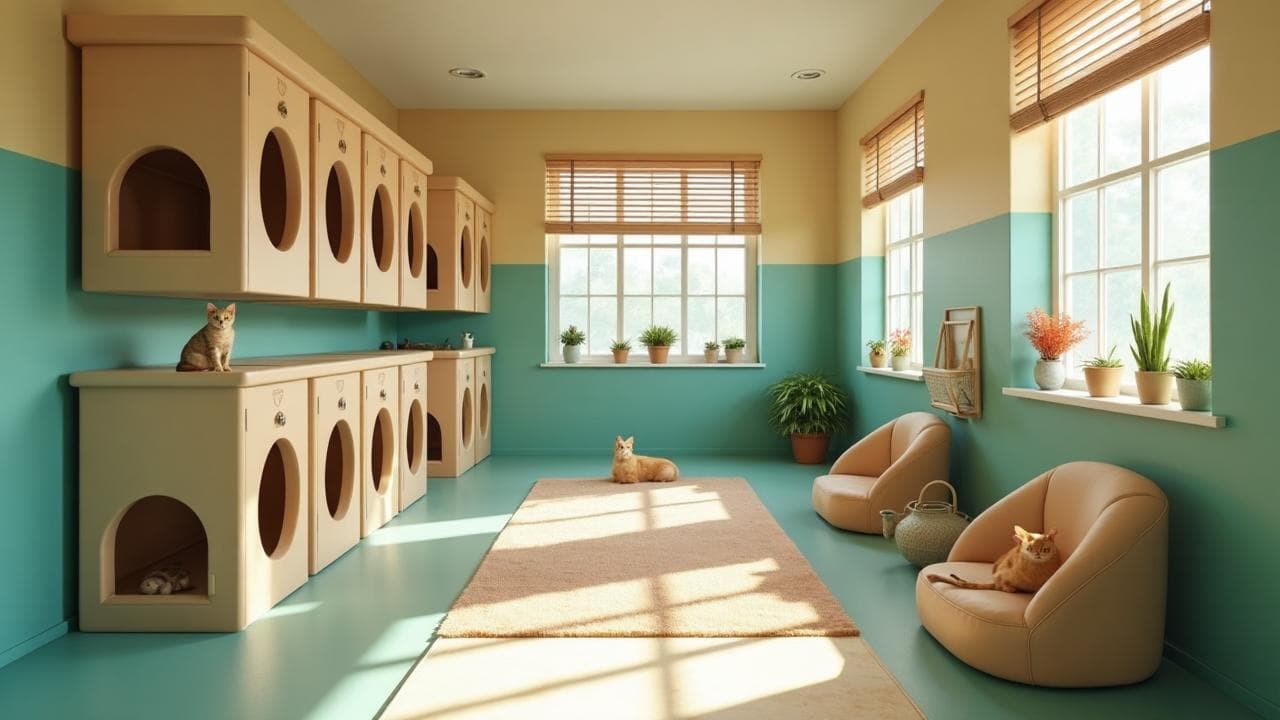 Clean and spacious cat boarding facility with secure windows and netting